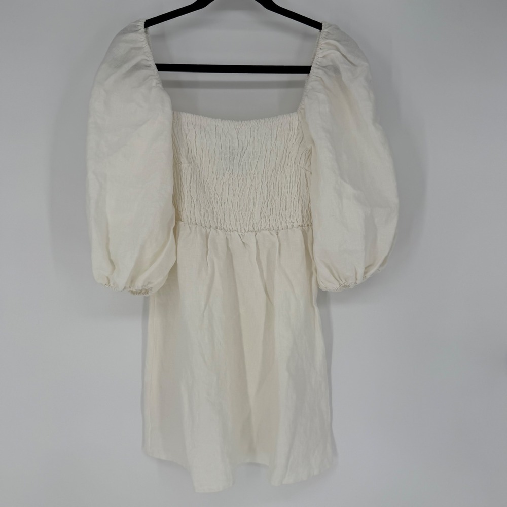 TUCKERNUCK ANNIE SMOCKED MINI DRESS 100% LINEN EGGSHELL‎ WHITE SMALL VACATION